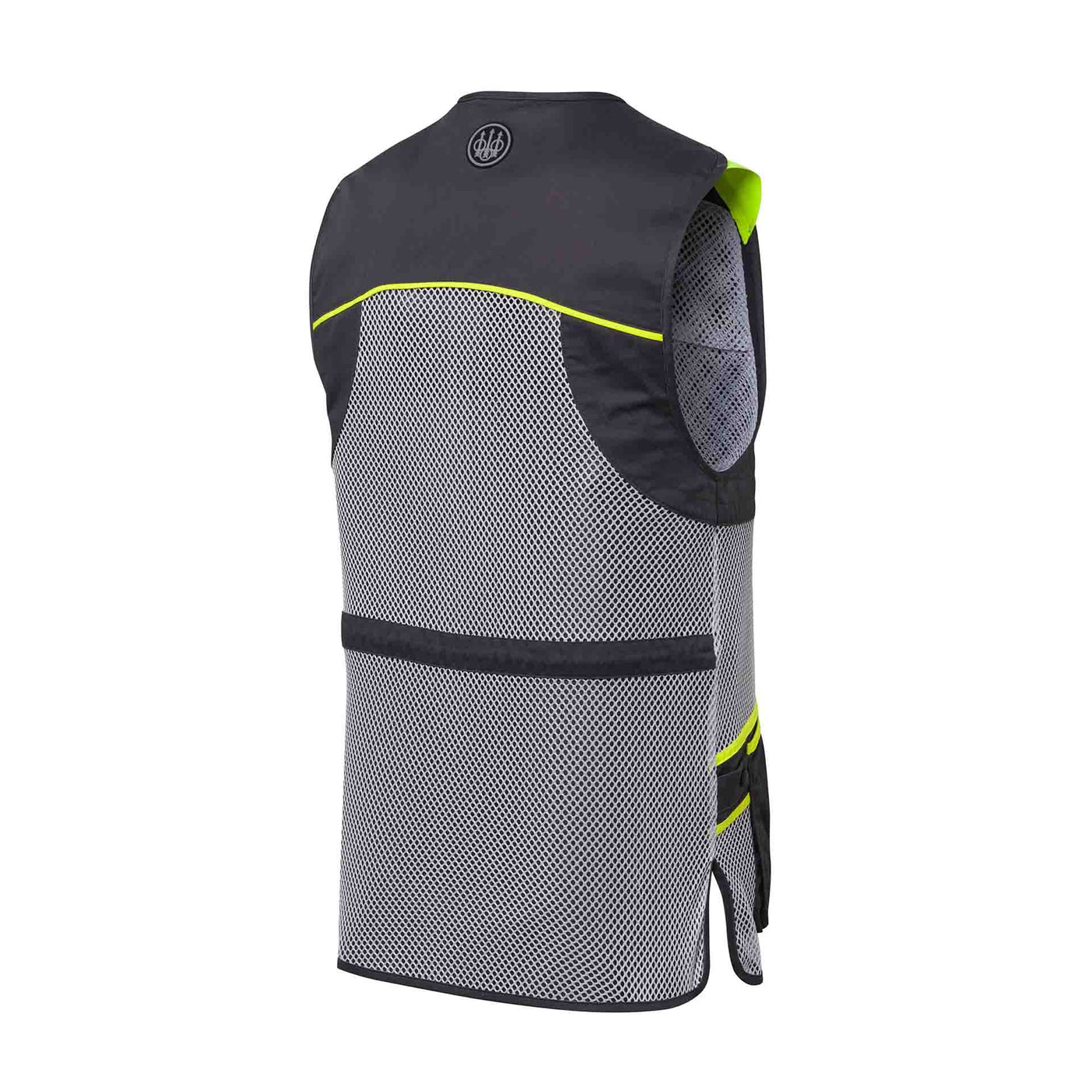 Lightweight black and gray mesh shooting vest with large pockets for range or competition use