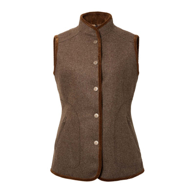 Women's Wolkersdorf Hamster Loden Vest in green with a mandarin collar and brown buttons and detailing.