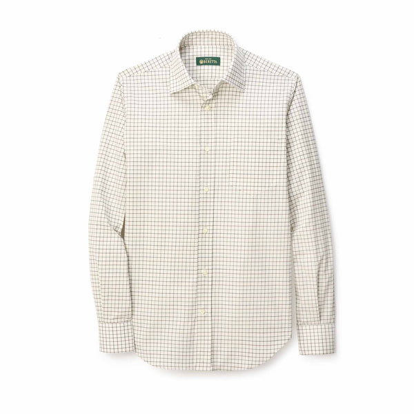 A long-sleeve button-down dress shirt by Brooks, featuring a fine beige and white windowpane check pattern with a pointed collar and button-down front.