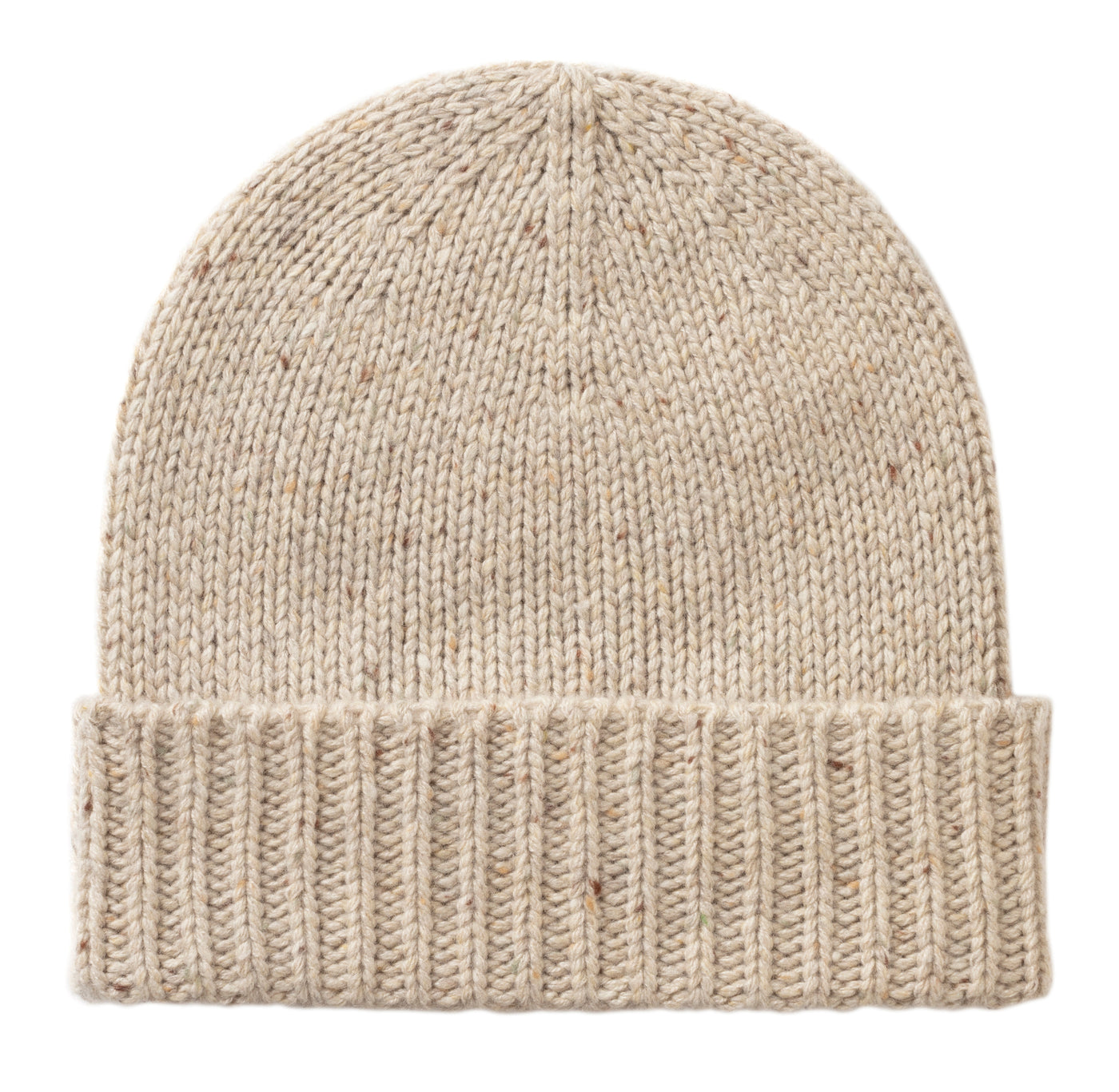Beige knitted beanie on a white background