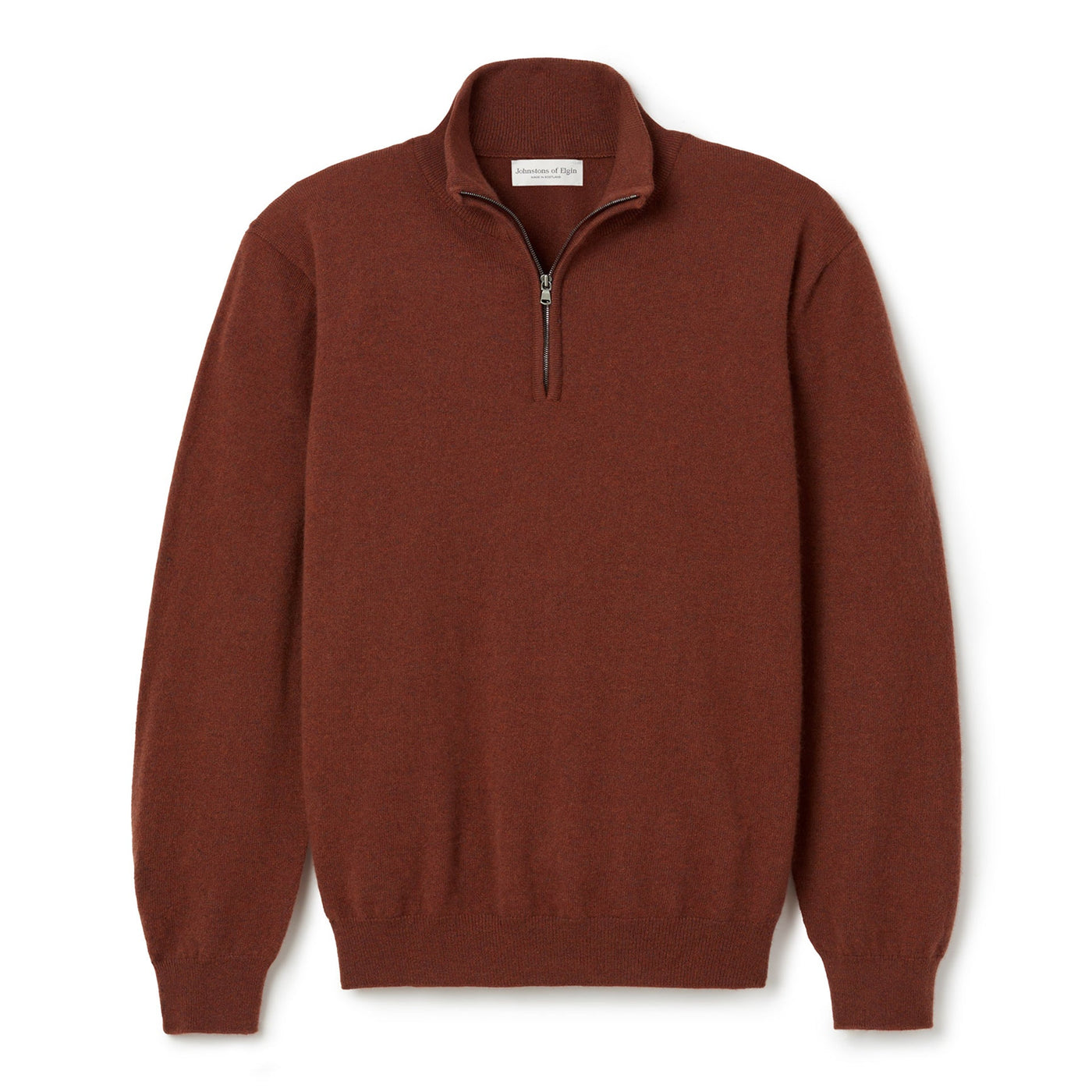 A russet brown, quarter zip, long-sleeved cashmere sweater.