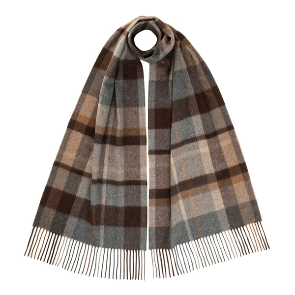A mid grey, brown, and beige check scarf with a wide block check pattern and cashmere ripple finish.