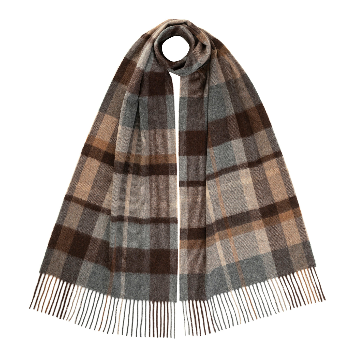 A mid grey, brown, and beige check scarf with a wide block check pattern and cashmere ripple finish.