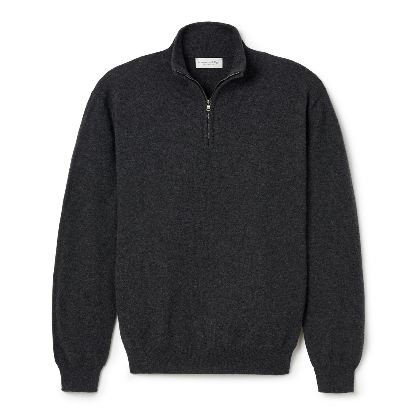A charcoal gray cashmere quarter zip sweater with a visible brand tag on the upper left side.