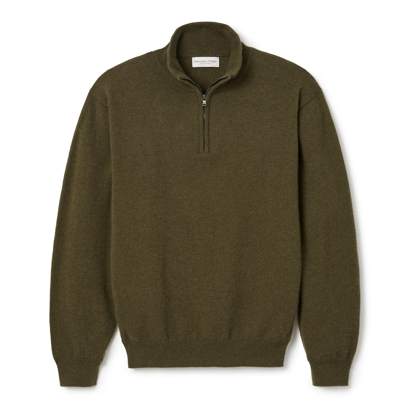 A olive green quarter zip sweater by Johnstons of Elgin.