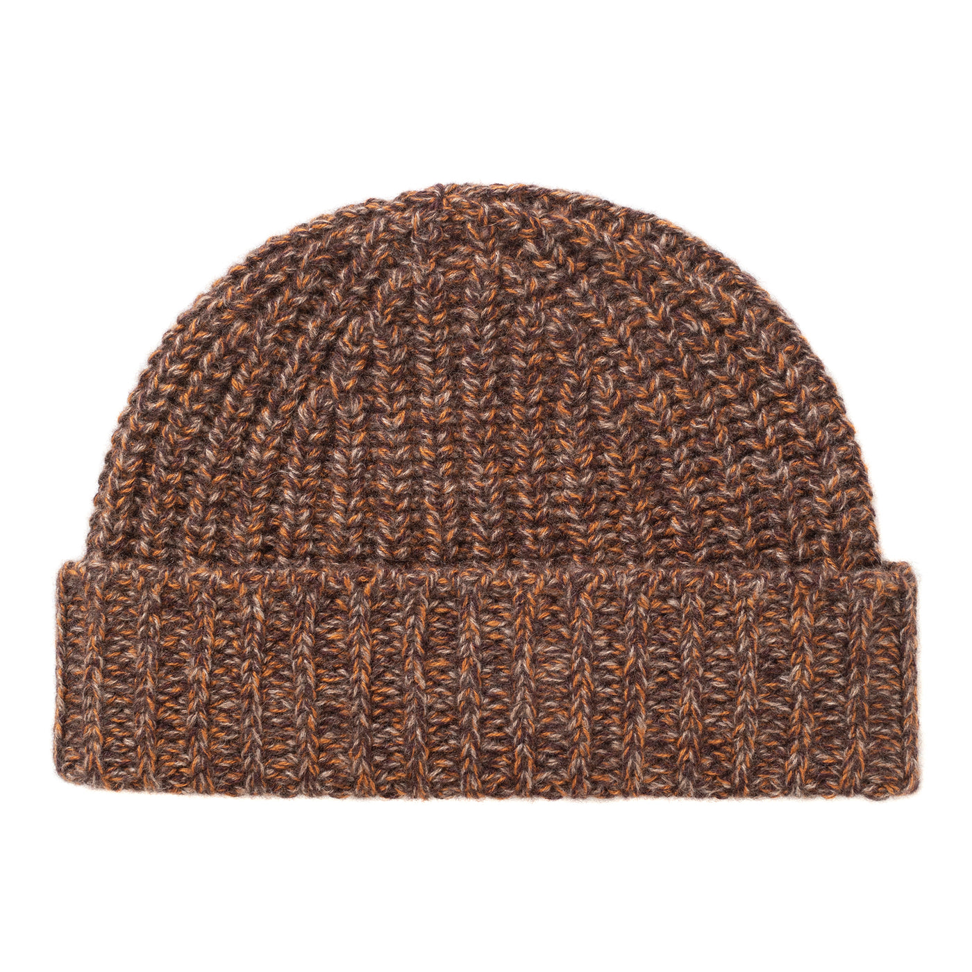 A brown cashmere ribbed beanie hat.