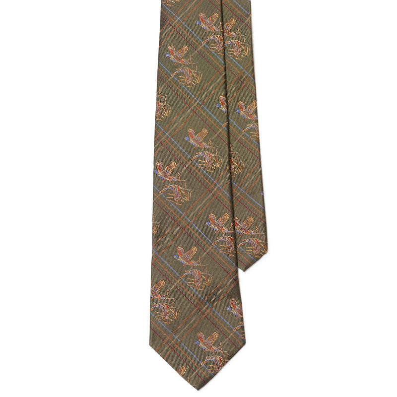 Silk Pheasant Motif & Large Multi Check Diagonal Tie – Green Multi