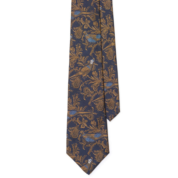 Silk Pheasant & Floral Motif Tie – Blue Multi
