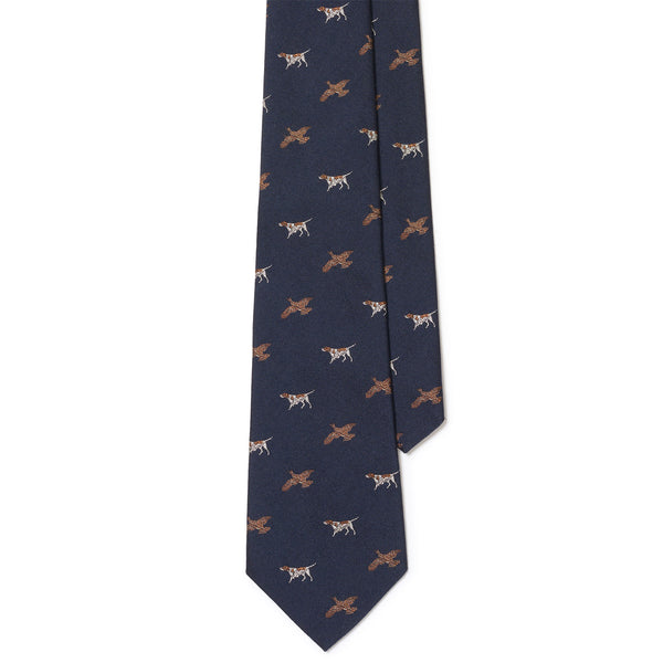 Italian Silk Pointer & Bird Motif Tie – Dark Navy