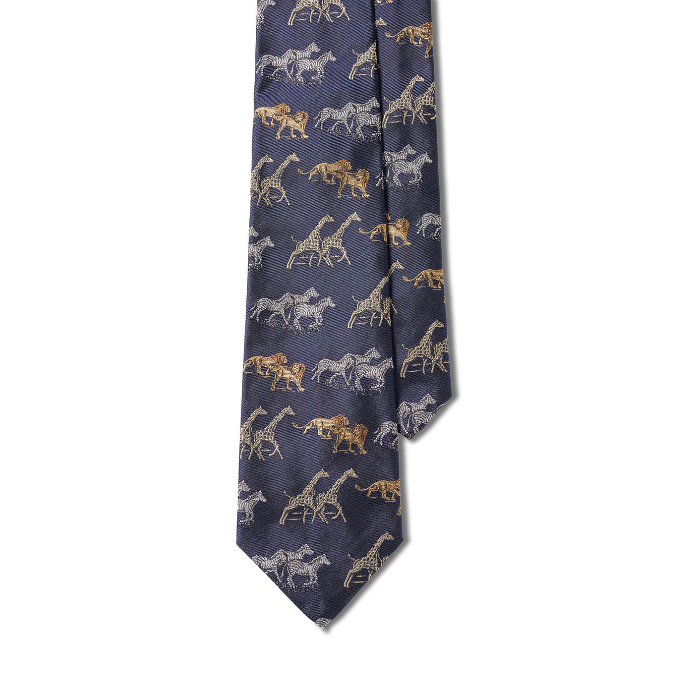 Serengeti Leone, Giraffa, & Zebra Handmade Silk Tie - Navy & Yellow