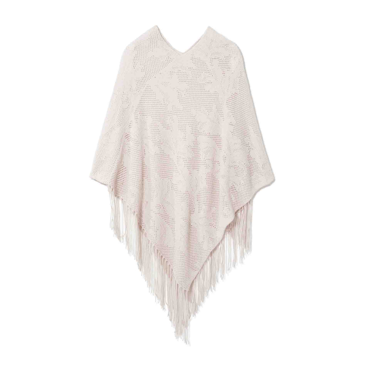 Women's Lace Poncho with Hand Knotted Fringe - Powder