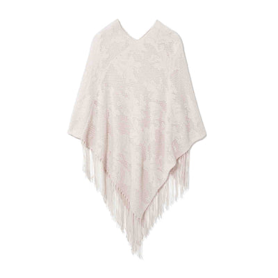 Women's Lace Poncho with Hand Knotted Fringe - Powder