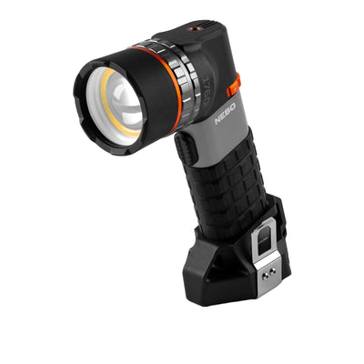 A black NEBO camping light with an orange lens on a textured handle, model SL100, displayed against a white background.