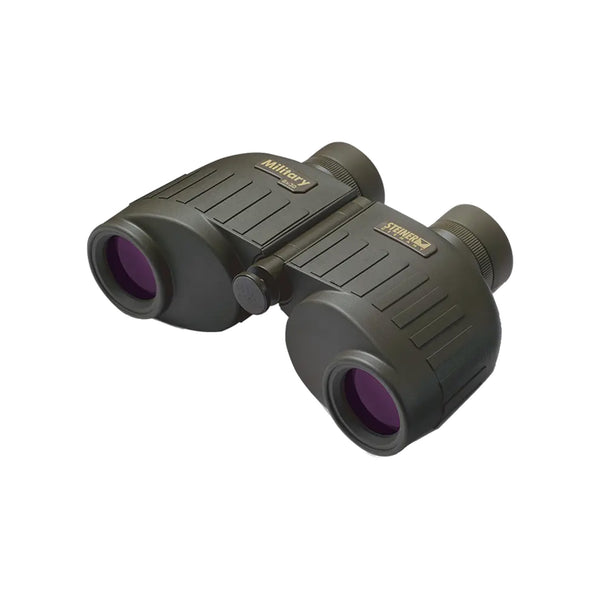 A pair of Steiner Military Series 8x30 binoculars with black rubber armoring and purple lens coatings.