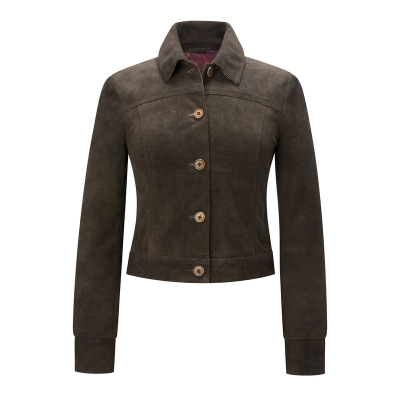 Brown suede jacket with button details on a white background
