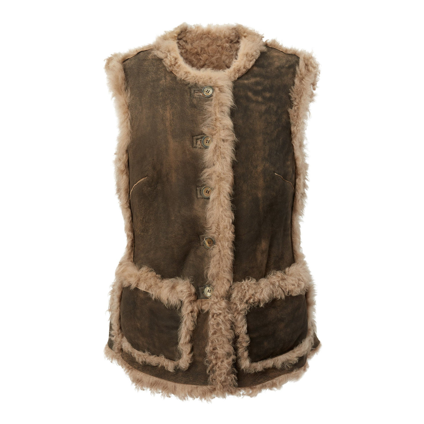 A brown reversible long shearling grizzly vest for women, with visible buttons and pockets on the front.