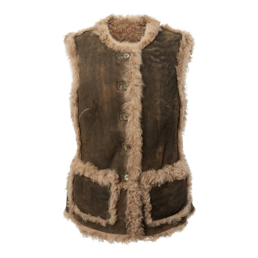 マウンテンリサーチShearing Vest” ムートンベスト　羊皮M Womens Reversible Long Shearling Grizzly Vest in Walnut