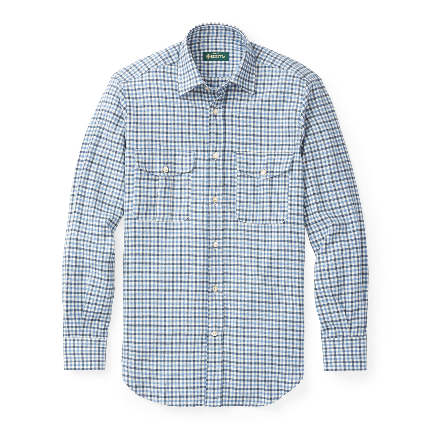 Brushed Cotton Check Spread Collar Shirt - Double Blue Check