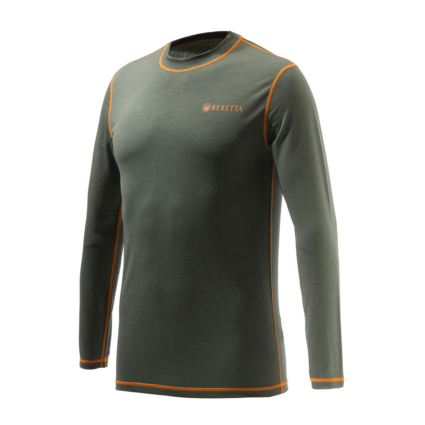 A long-sleeve green Merino Base Layer T-shirt with orange detailing and a printed Beretta logo on the chest.