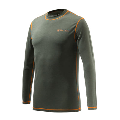A long-sleeve green Merino Base Layer T-shirt with orange detailing and a printed Beretta logo on the chest.