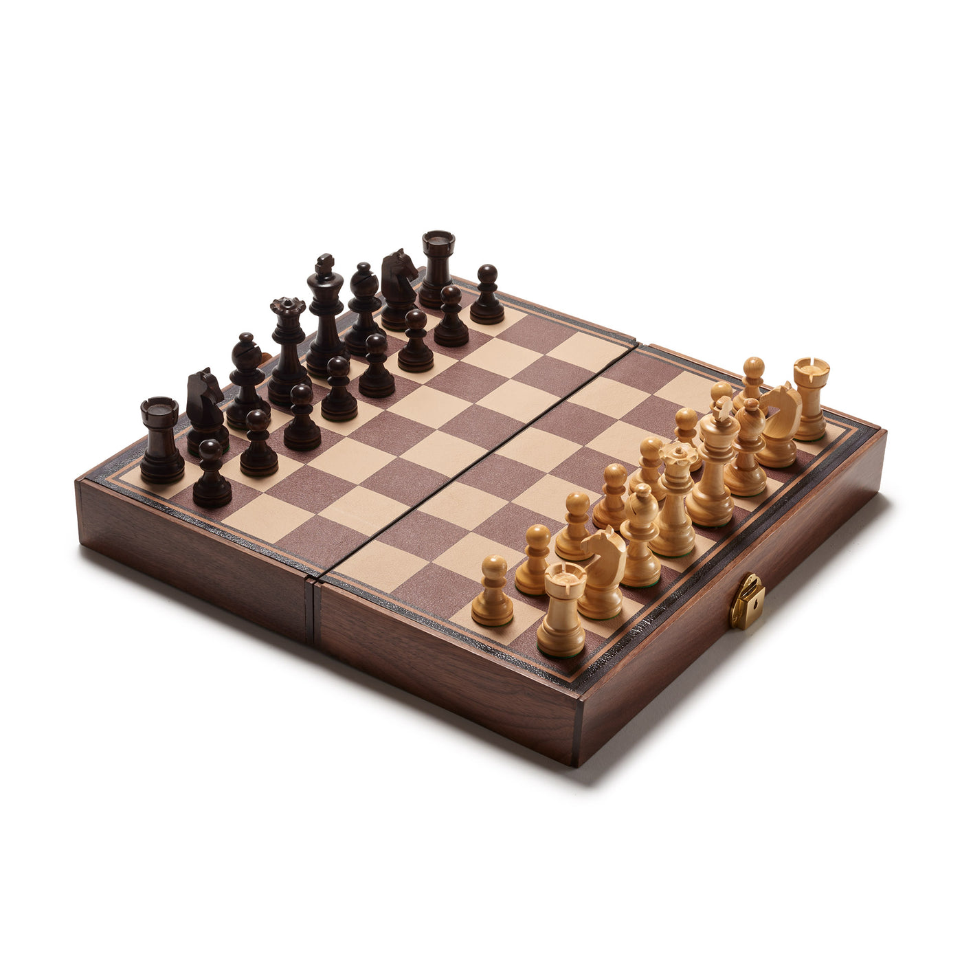 A chess case with a brown leather board and suede-lined interior, displaying English-style chess pieces made of Schima Wallichii wood in natural and mahogany colors, closed with a brass fastener.