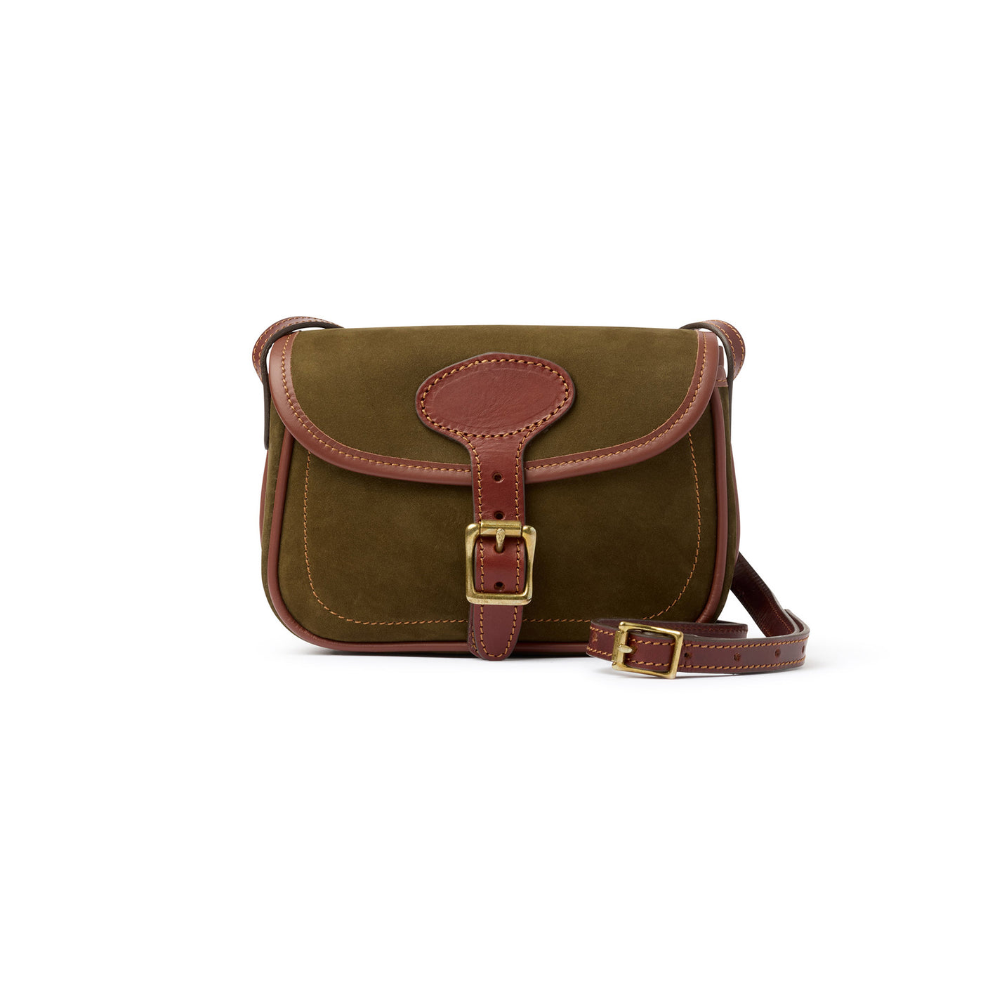 Brown leather satchel bag with a gold buckle on a white background