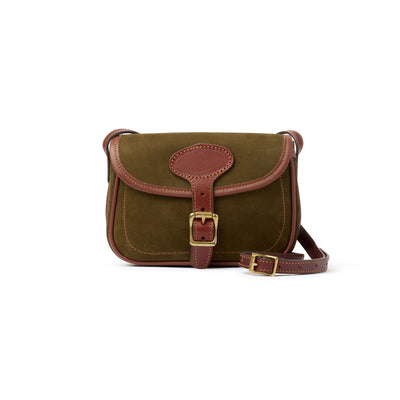 Brown leather satchel bag with a gold buckle on a white background