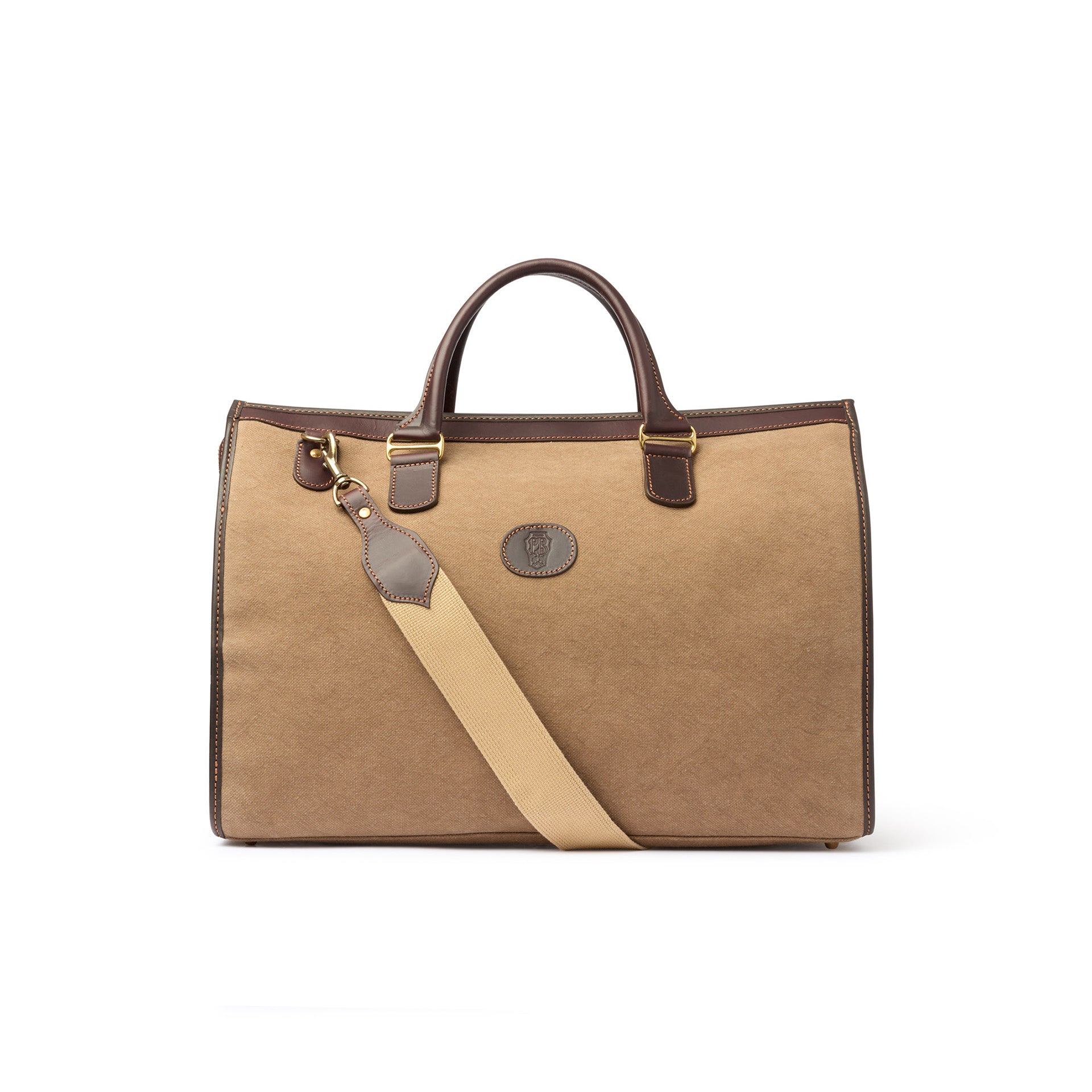 Brown handbag with a shoulder strap on a white background