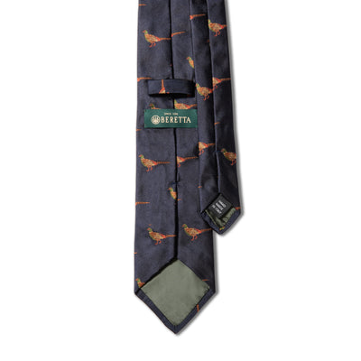 Ringneck Pheasant Fagiano Handmade Silk Tie - Dark Navy