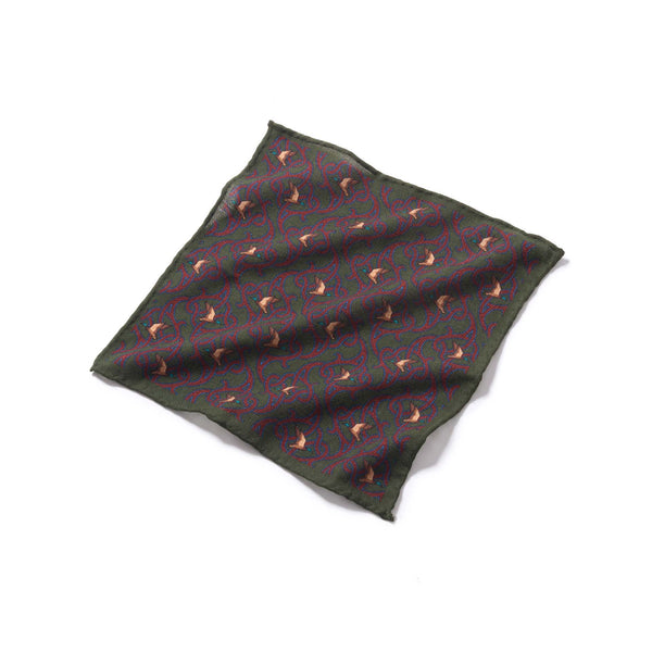 Handmade Wool Pocket Square With Ducks - Green & Burgundy