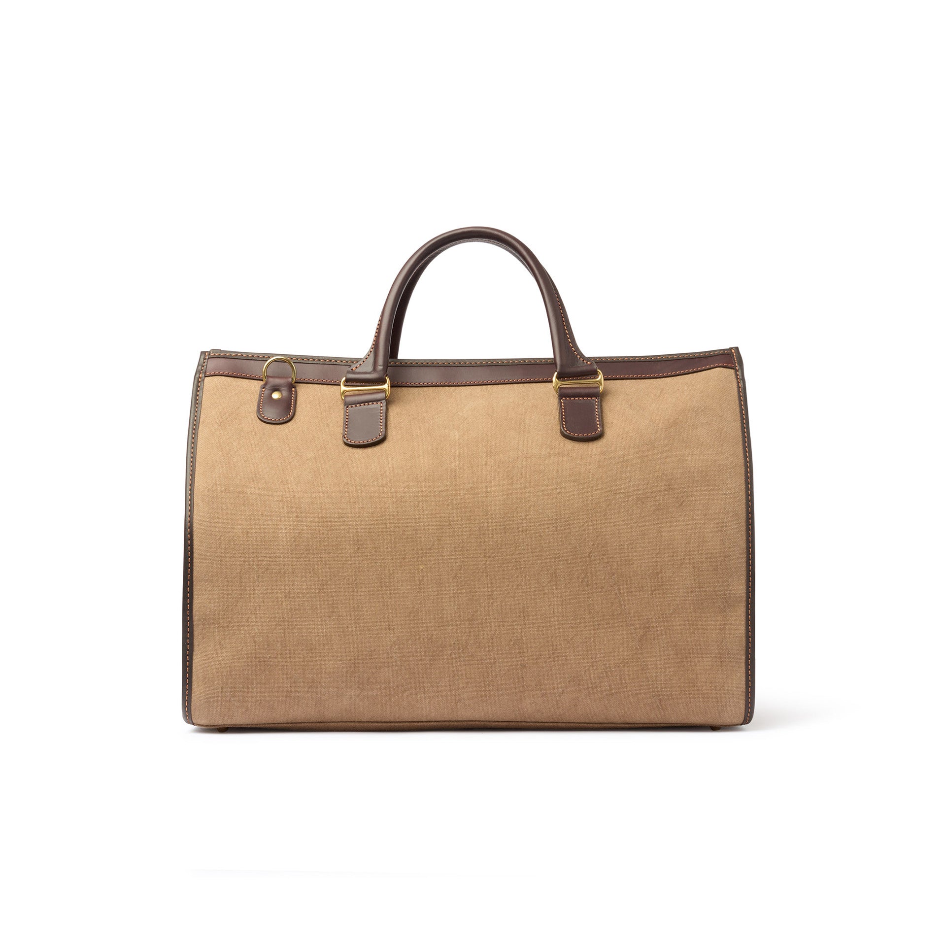 Tan handbag with brown handles and trim on a white background