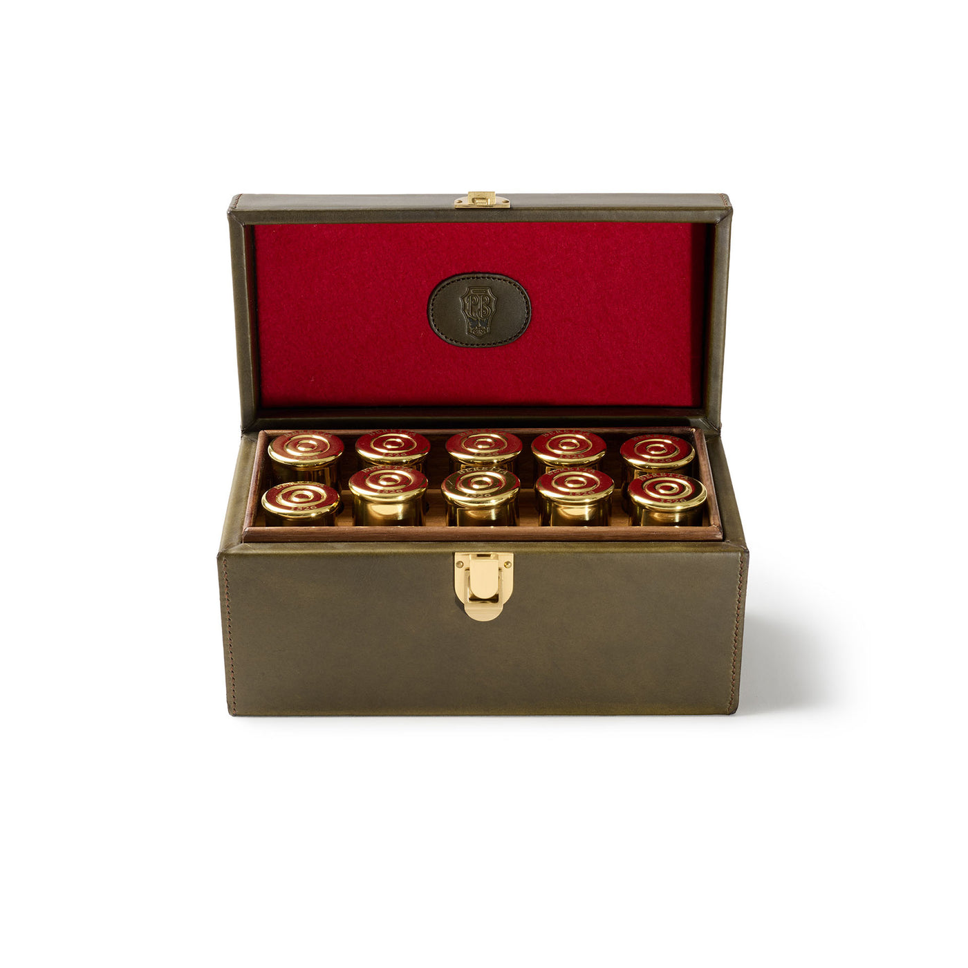 Brown leather box with red interior containing gold and red cylindrical objects on a white background