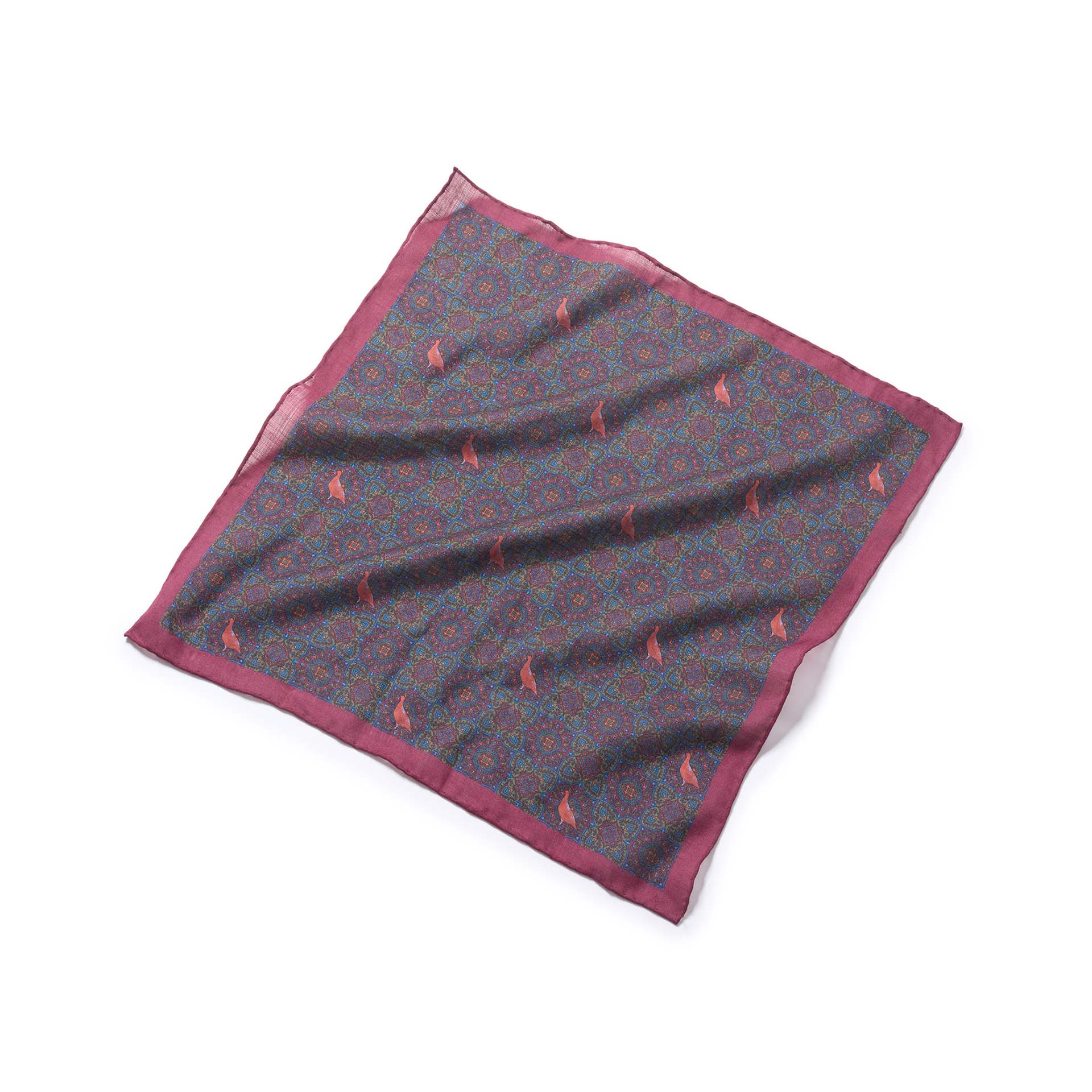 Robert Keyte Silks Handmade Silk Pocket Square with Grouse - Burgundy ...