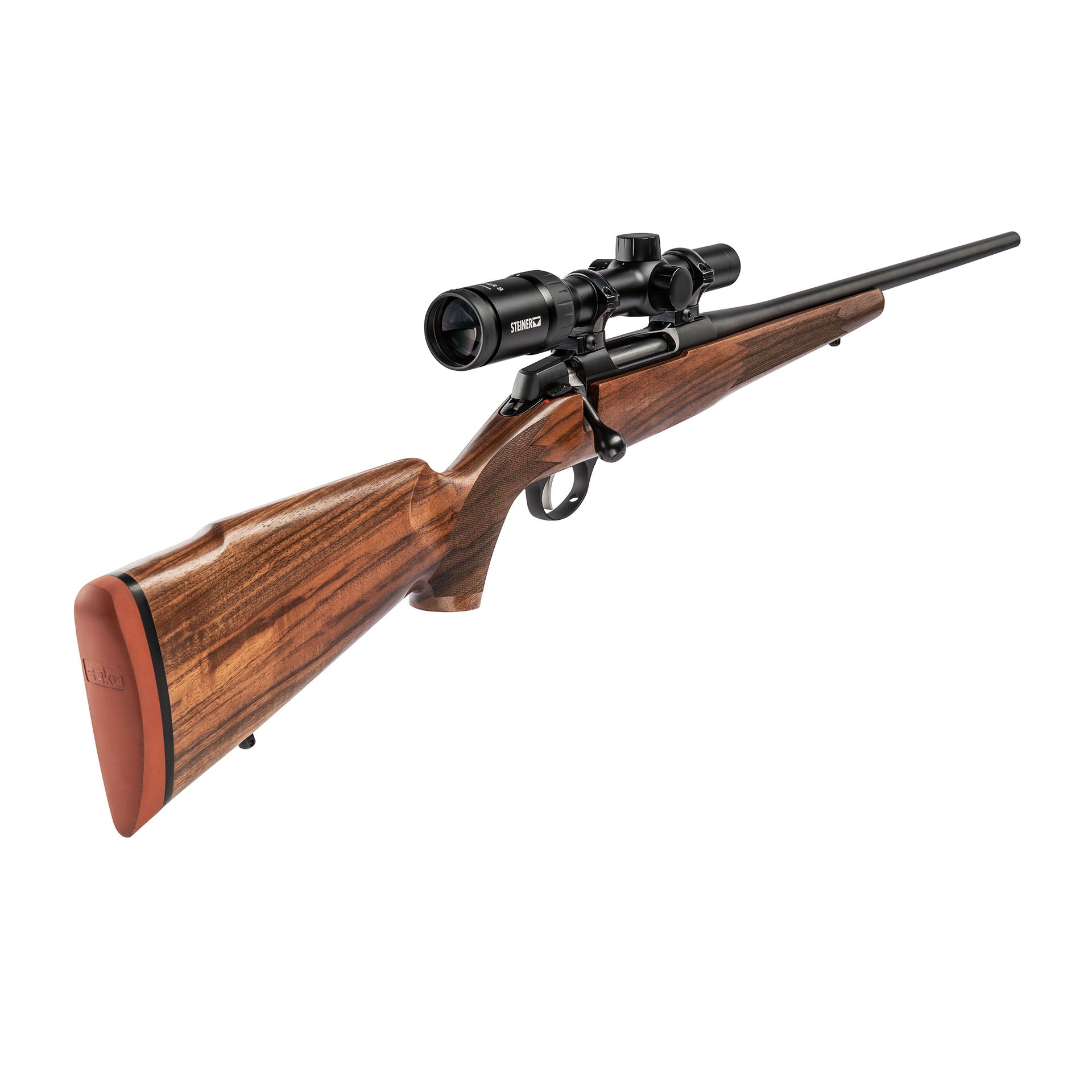 Side view of a Sako 90 bolt-action rifle with polished walnut stock and mounted Steiner scope optic