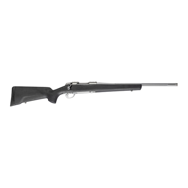 A black bolt-action Sako 90 Peak rifle with a carbon fiber stock and a stainless steel barrel.