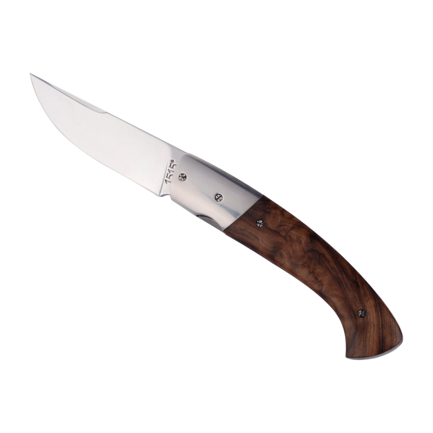 A folding knife with a stainless steel blade and Azerbaijani walnut bolstered handle with a polished stainless steel bolster and a walnut insert on the spacer.