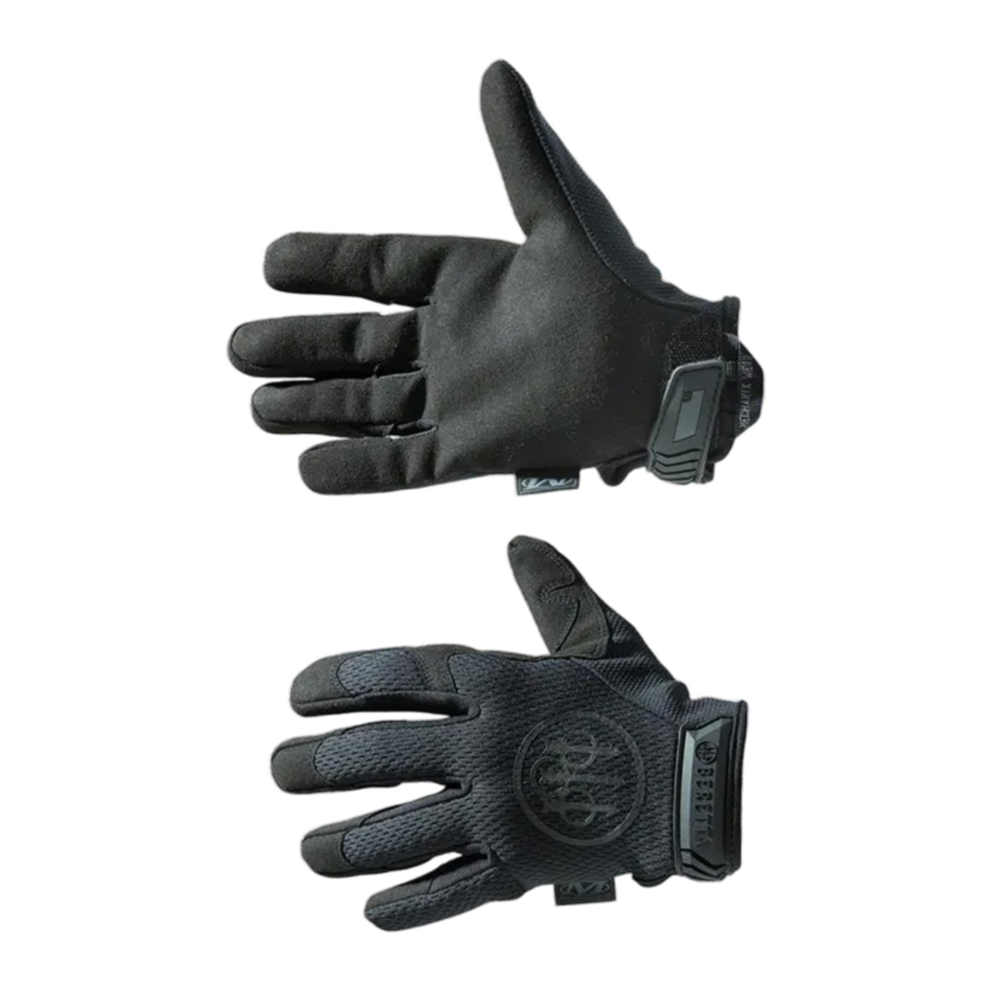 Black tactical gloves with a brand logo on a white background