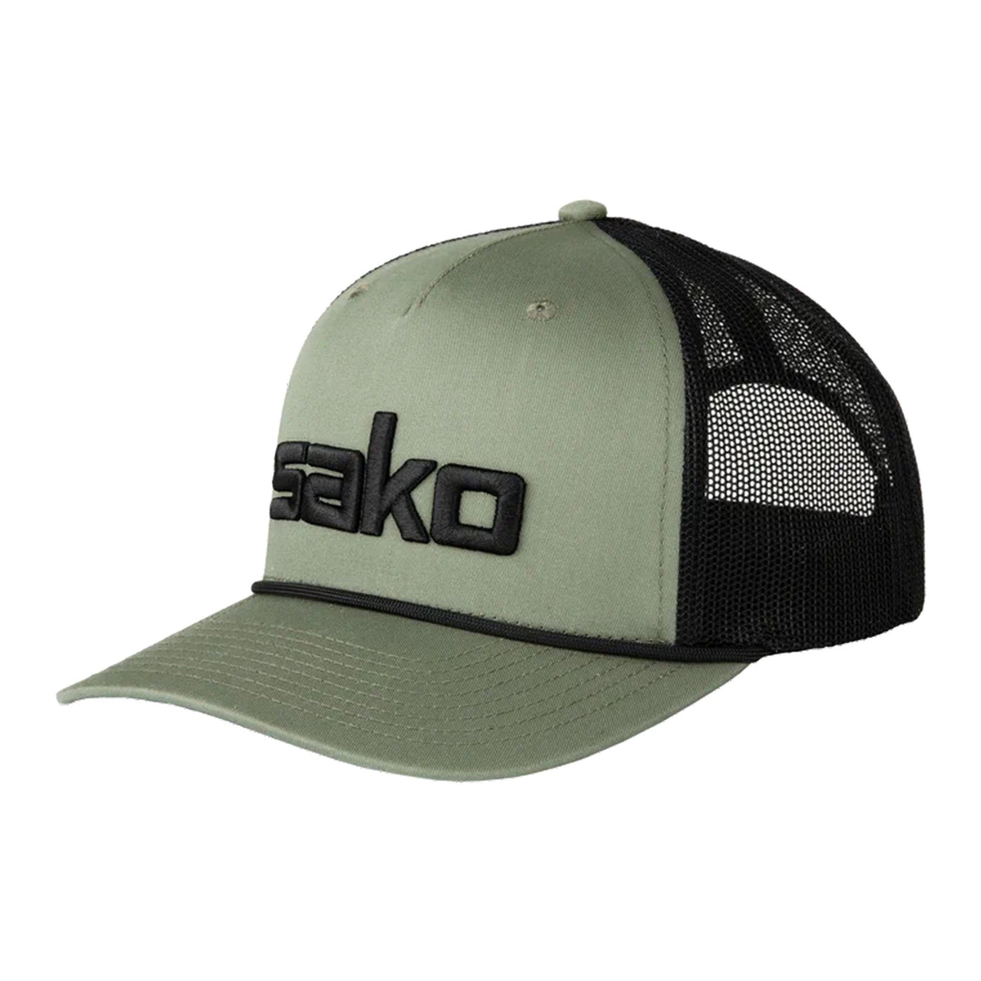A Sako 3D Trucker Hat in Loden Green with black details, featuring 3D embroidery logo, a pre-curved visor, and an adjustable snapback.