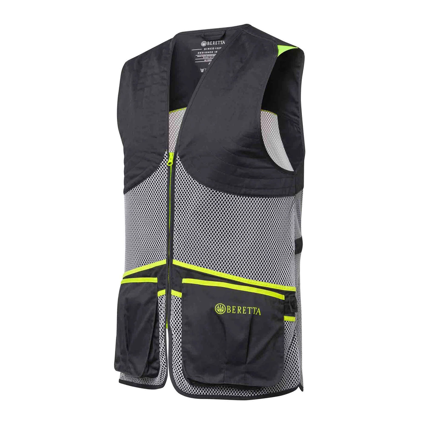Lightweight black and gray mesh shooting vest with large pockets for range or competition use