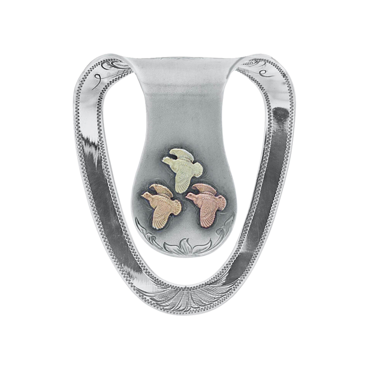 Silver money clip with embossed birds on a white background