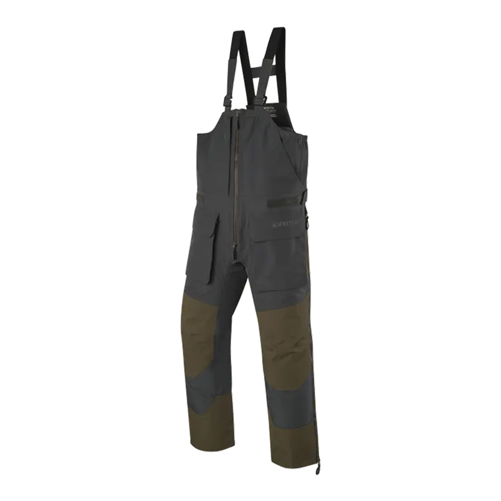 Dark gray and green bib overalls with suspenders on a white background