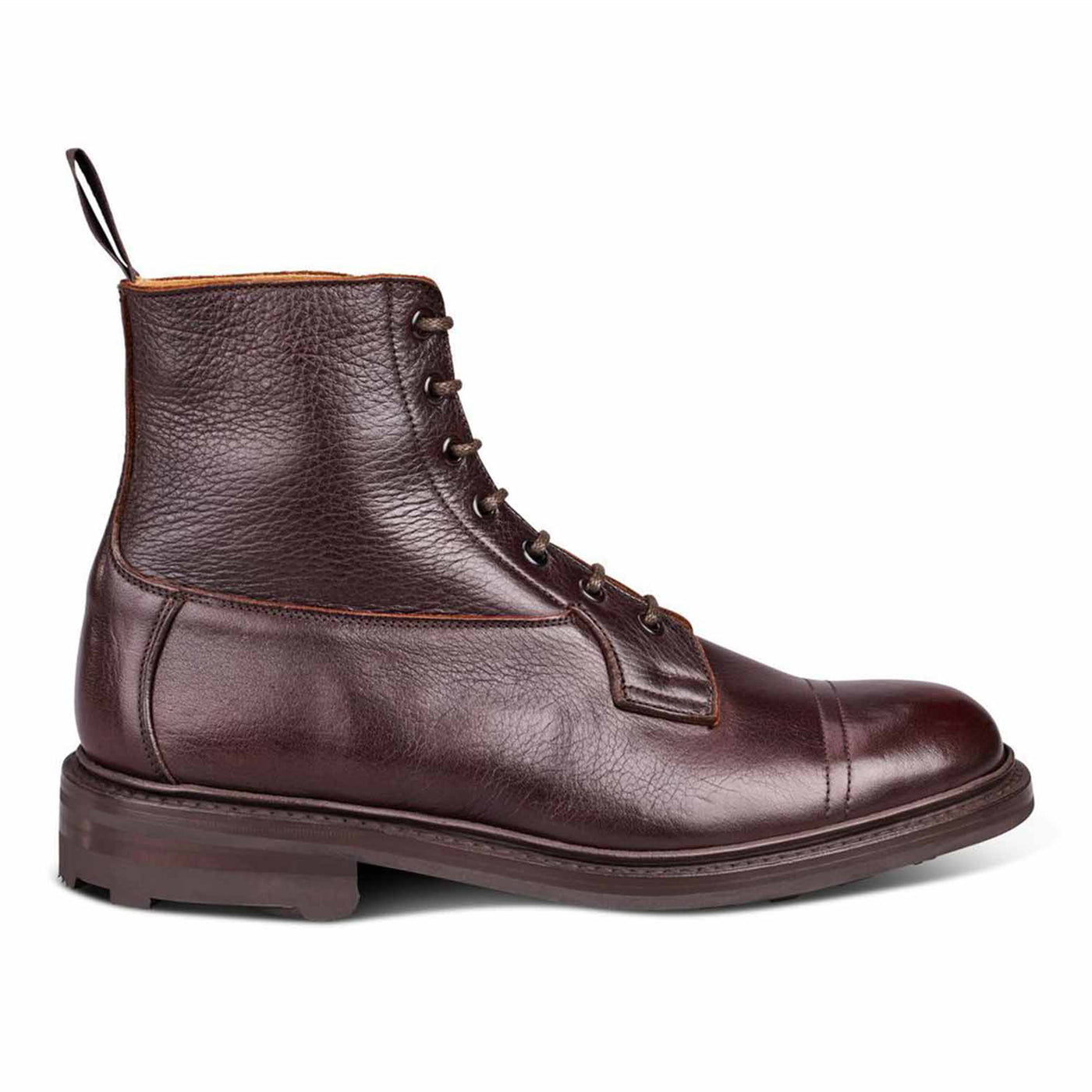 A brown leather lace-up ankle boot with a cap toe and eyelets, featuring a rubber stitched sole.