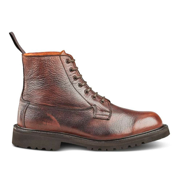 A chestnut brown, lace-up, ankle-high women's boot with a derby design and a low heel.