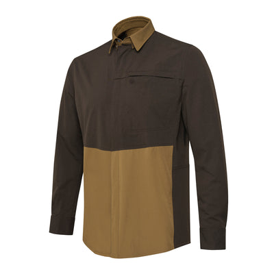 A long-sleeved Thorn Resistant Shirt in brown and beige color blocks, featuring a collar and a chest pocket with a zipper.