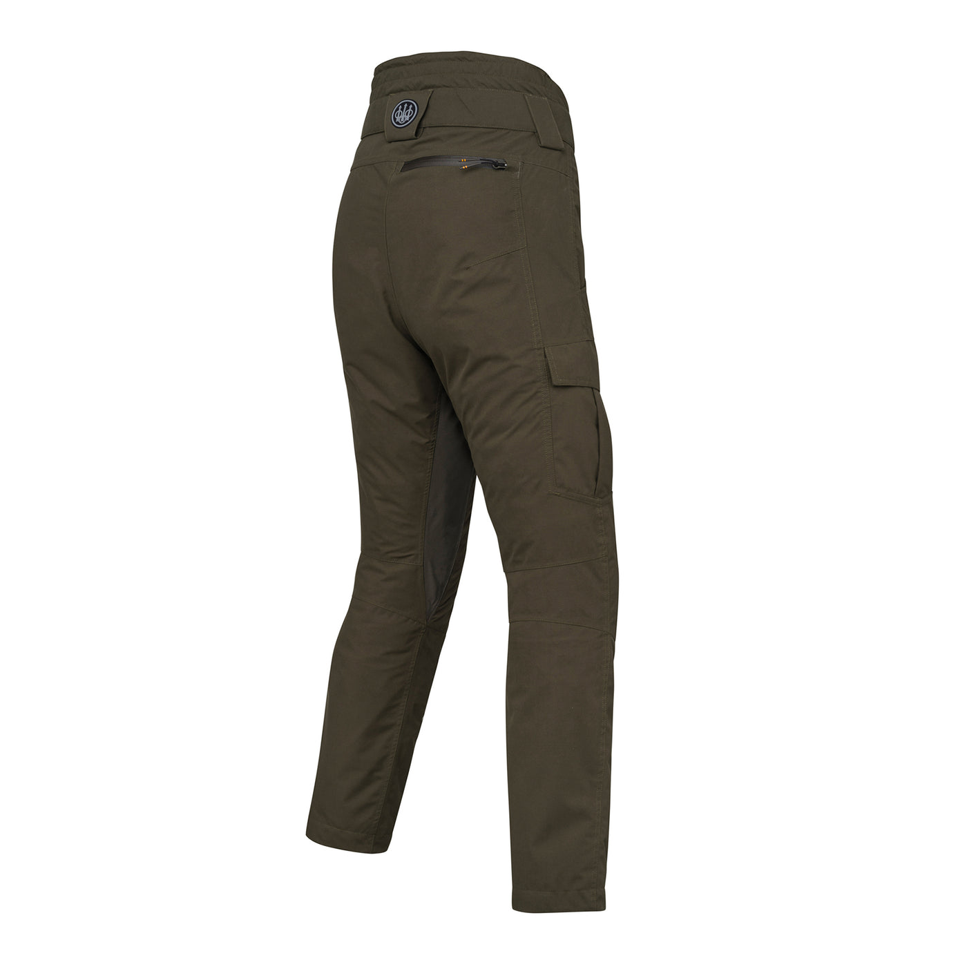 A back view of a pair of green moss colored Beretta Tosark men's hunting trousers, featuring multiple pockets and elastic waistband.