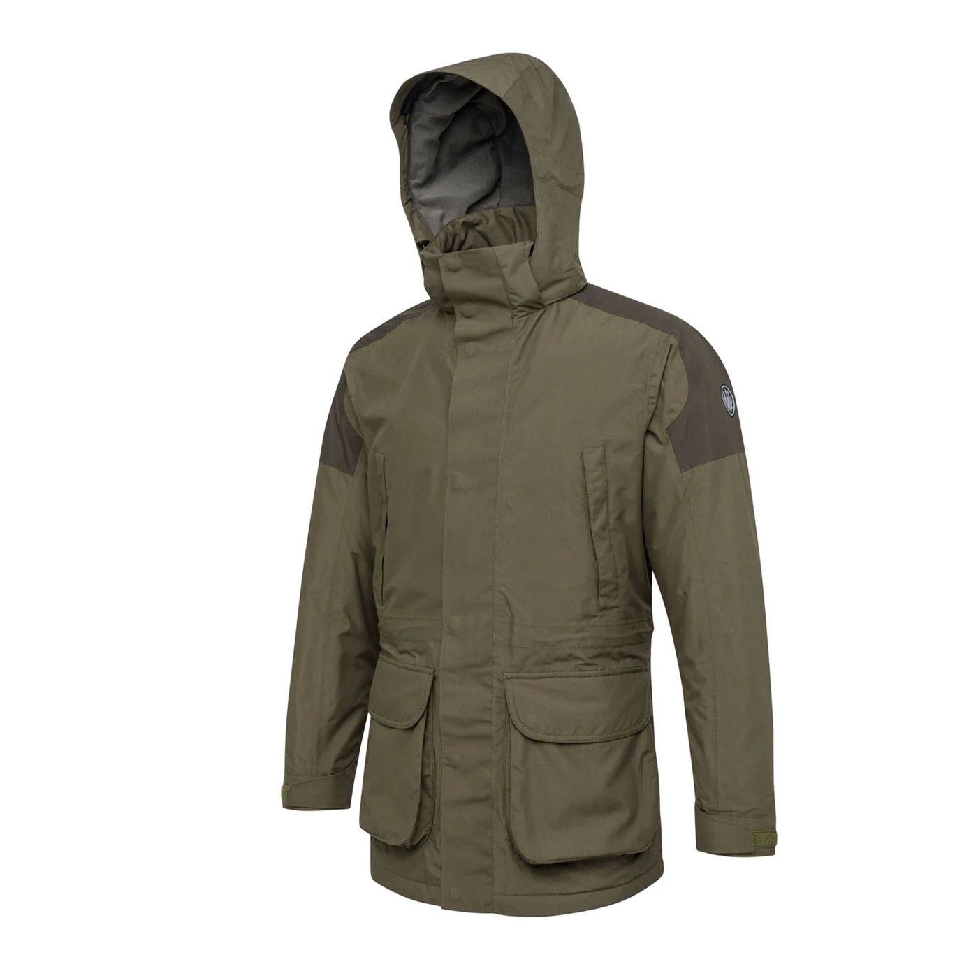 Men's green moss hunting jacket with hood, multiple pockets, and Beretta rubber logo on the left sleeve.