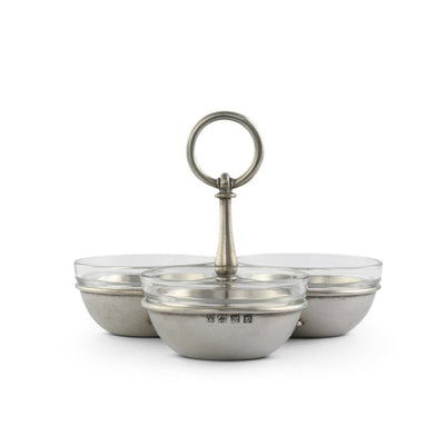Silver three-tiered serving tray with clear glass bowls on a white background
