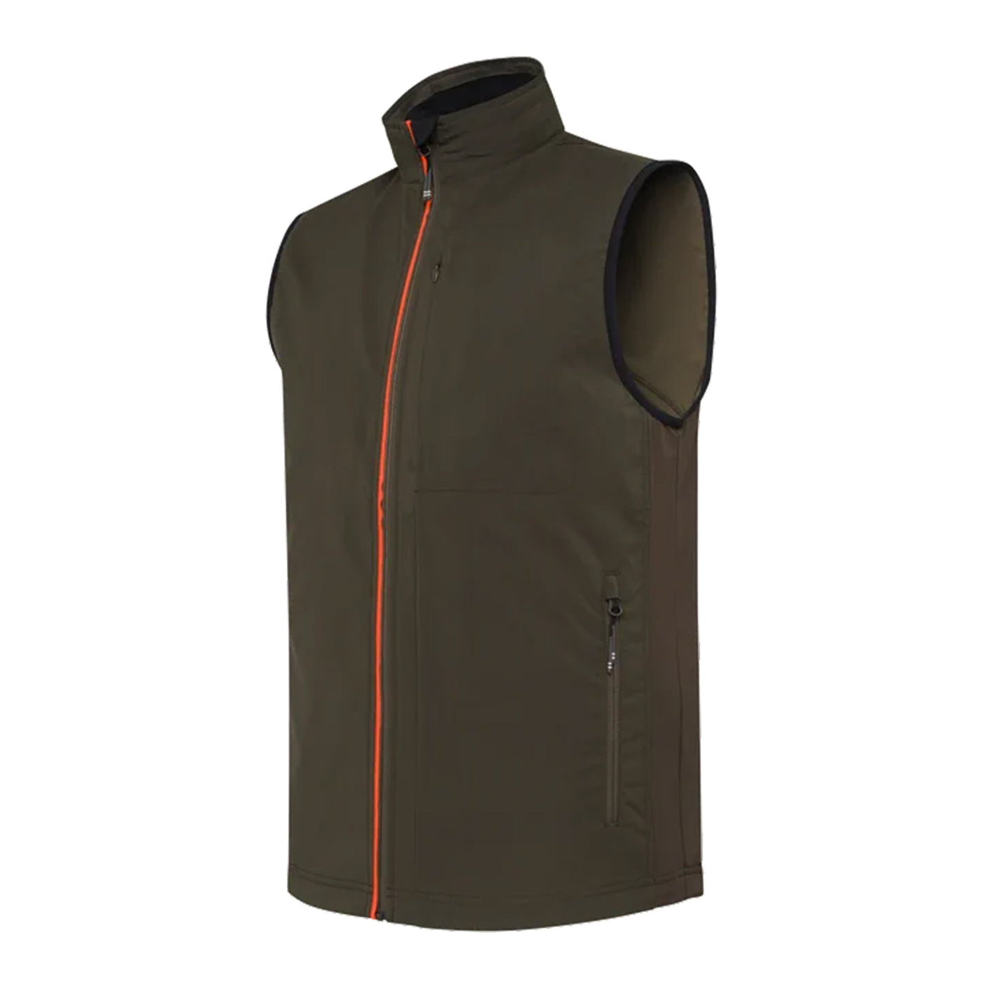 Men's green moss Windshell EVO vest with central YKK zip, chest and side pockets, elastic side inserts, and adjustable drawstring hem.