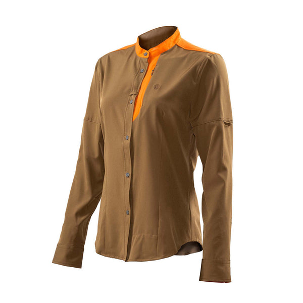 A long-sleeved women's shirt in brown color with orange collar and trim, featuring a button-up front and mesh paneling on the back.
