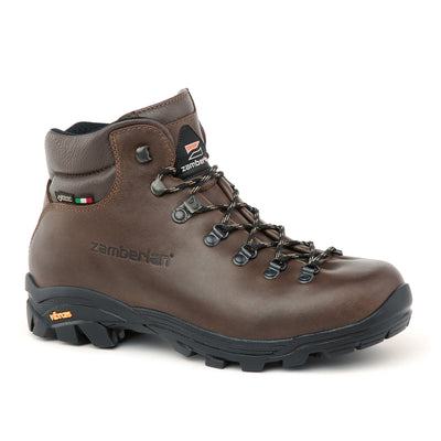 Brown hiking boot with visible Zamberlan branding on a white background